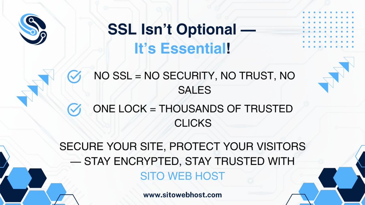 sparksailspk's tweet image. No SSL = No Trust = No Sales.
SSL is free with every hosting plan at Sito Web Host.
sitowebhost.com | WhatsApp: +92 330 6897500
#SSLHosting #SitoWebHost #FreeSSL2025