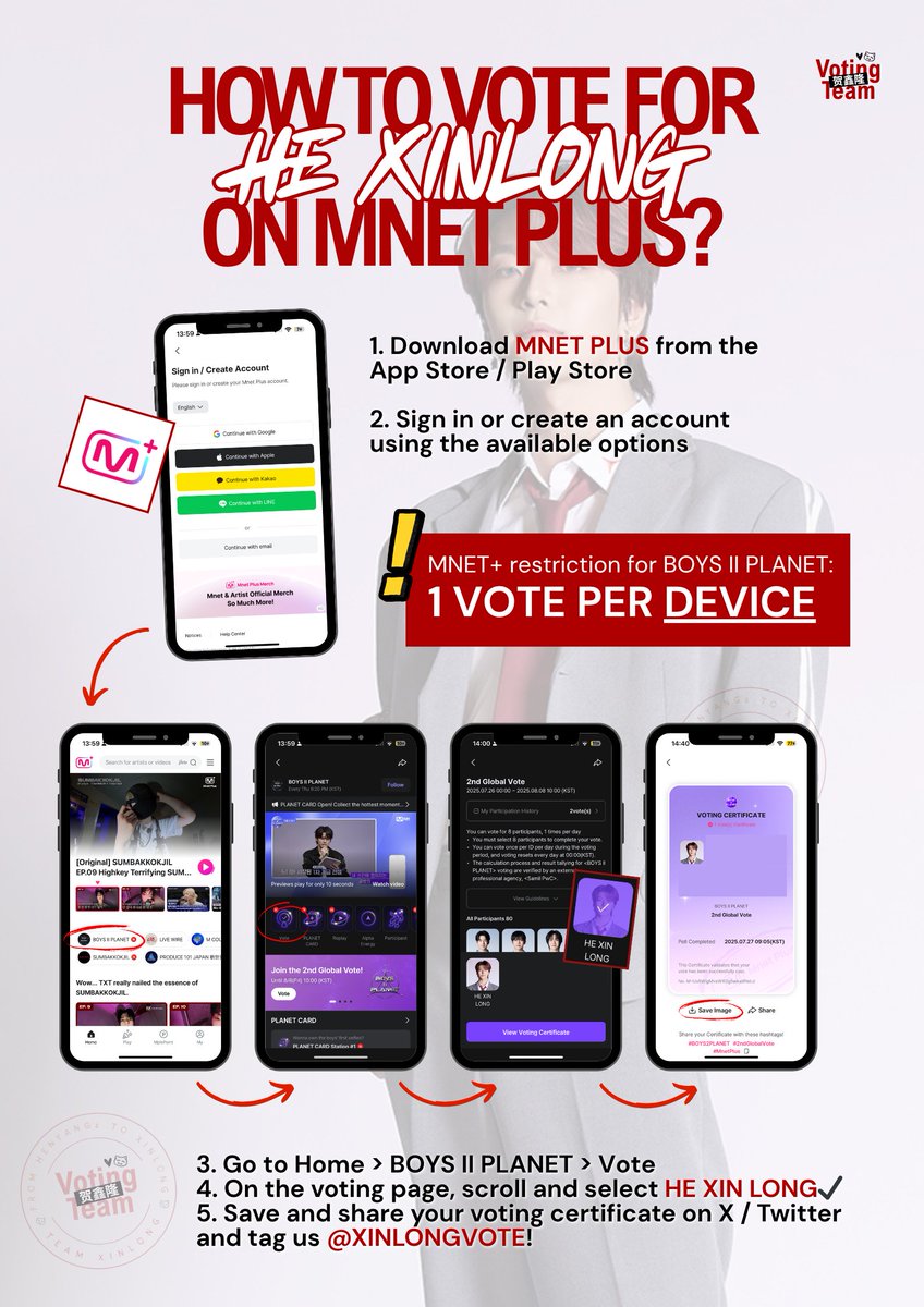 XINLONGVOTE's tweet image. [❓] MNET+ VOTING GUIDELINE

We have prepared the following guidelines for the updated Mnet+ voting. Please refer to these if you are a HENYANGz / collab partner~

The guidelines are complete with how to create an account, find the correct poll to cast your votes for HE XINLONG,…