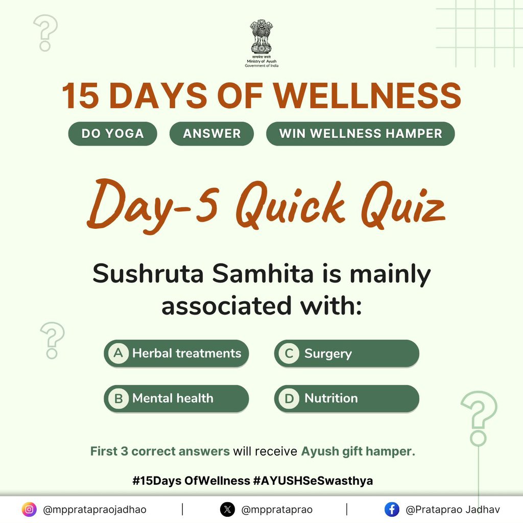 mpprataprao's tweet image. Day 5 of 15 Days of Wellness is LIVE!
Start your day with calm breaths, mindful stretches 🧘, and today’s brain-boosting quiz!
🧠 Quiz Time!
Sushruta Samhita is mainly associated with:
A. Herbal treatments
B. Mental health
C. Surgery
D. Nutrition
💡 Know the answer? Drop it…
