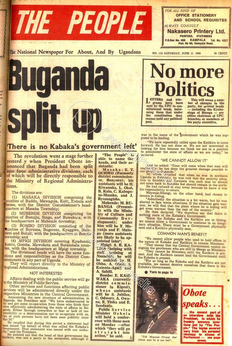 TonyOwana's tweet image. BUGANDA "DISAPPEARS"!
Reasoning that @BugandaKingdom_ can't exist with Kabaka & Katikkiro in hiding after the 24 May battle, Dr Obote divided Buganda into these new units.
As we mark Omutebi at 32, not thanking @KagutaMuseveni @NRMOnline is not a crime but forgetting is deadly!