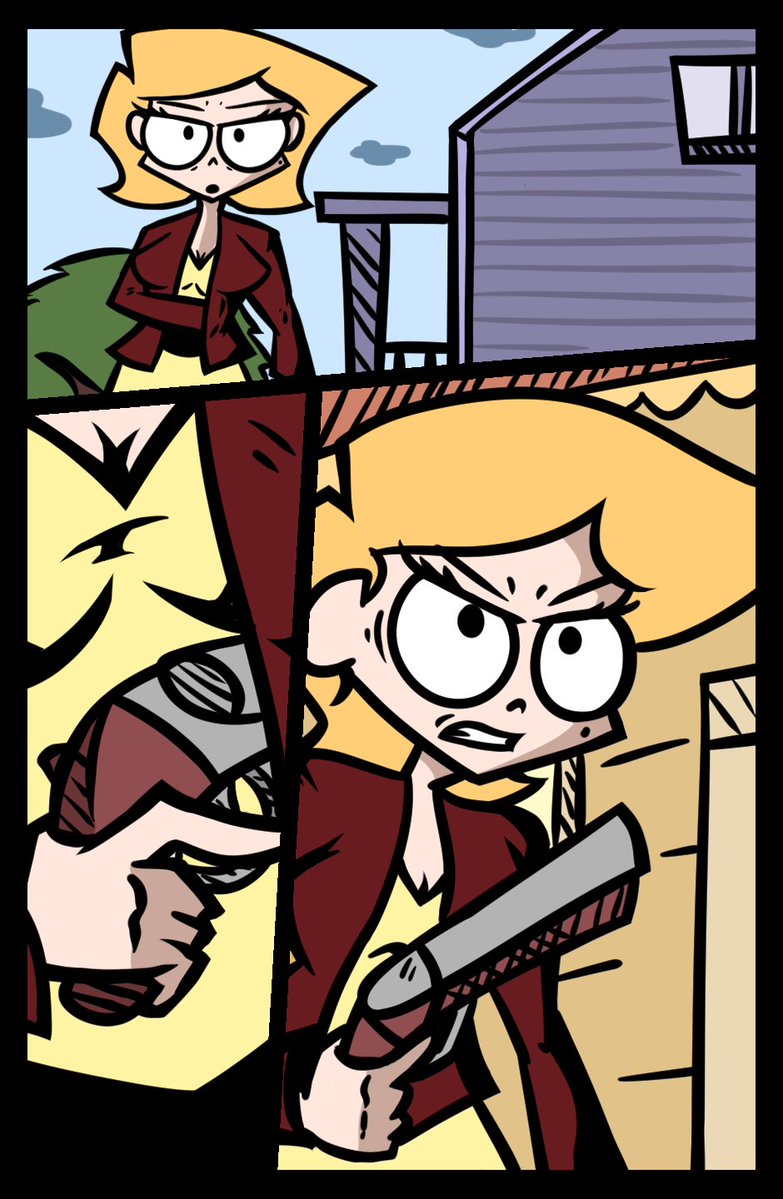 clunkertons's tweet image. Blue in the Night is, artistically, my least favorite chapter of the old comic, but I did like tackling a dream sequence. My favorite bit is where Valorie finds herself running into people she&apos;s clipped. Even Hilton from one of the earlier mini chapters makes a cameo.
