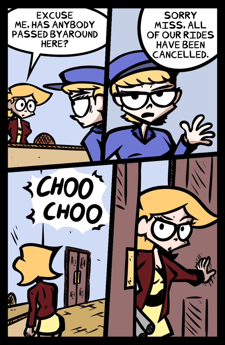 clunkertons's tweet image. Blue in the Night is, artistically, my least favorite chapter of the old comic, but I did like tackling a dream sequence. My favorite bit is where Valorie finds herself running into people she&apos;s clipped. Even Hilton from one of the earlier mini chapters makes a cameo.