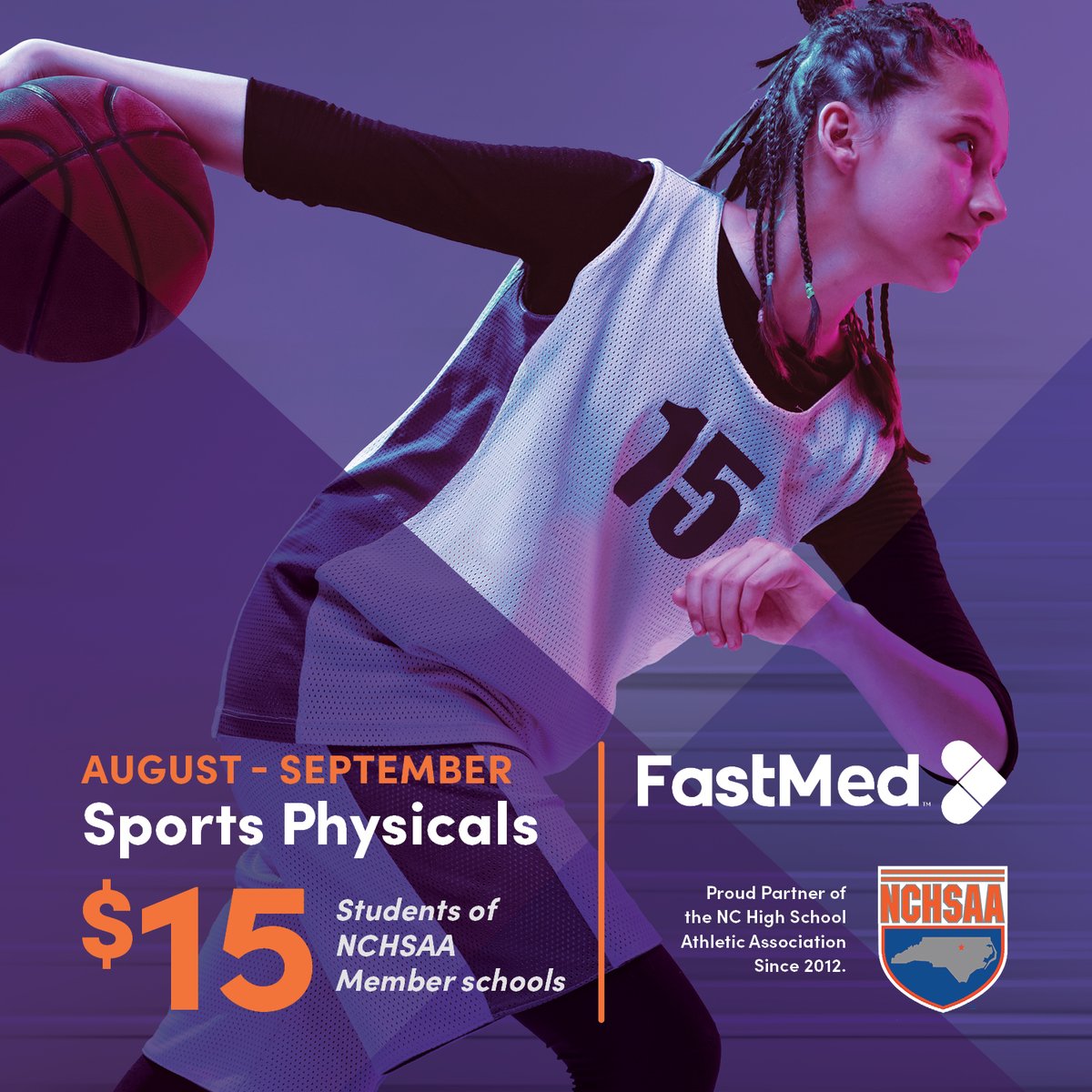 $15 Physicals in August and September
Get ready for fall sports try-outs! FastMed, our official sports physicals partner, is offering $15 sports physicals for students enrolled at NCHSAA member schools during August and September. Student ID required.
