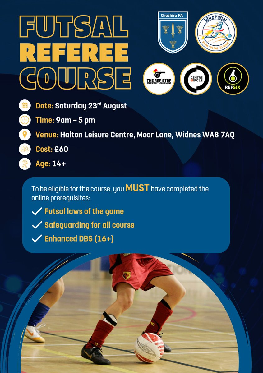 𝗙𝘂𝘁𝘀𝗮𝗹 𝗥𝗲𝗳𝗲𝗿𝗲𝗲 𝗖𝗼𝘂𝗿𝘀𝗲 | We're hosting an FA Futsal Referee course in Widnes on Saturday 23 August! 

Please note the pre-requisites that must be in place in order to get involved - and if they are - register at the link below 👇

bit.ly/411HKvq