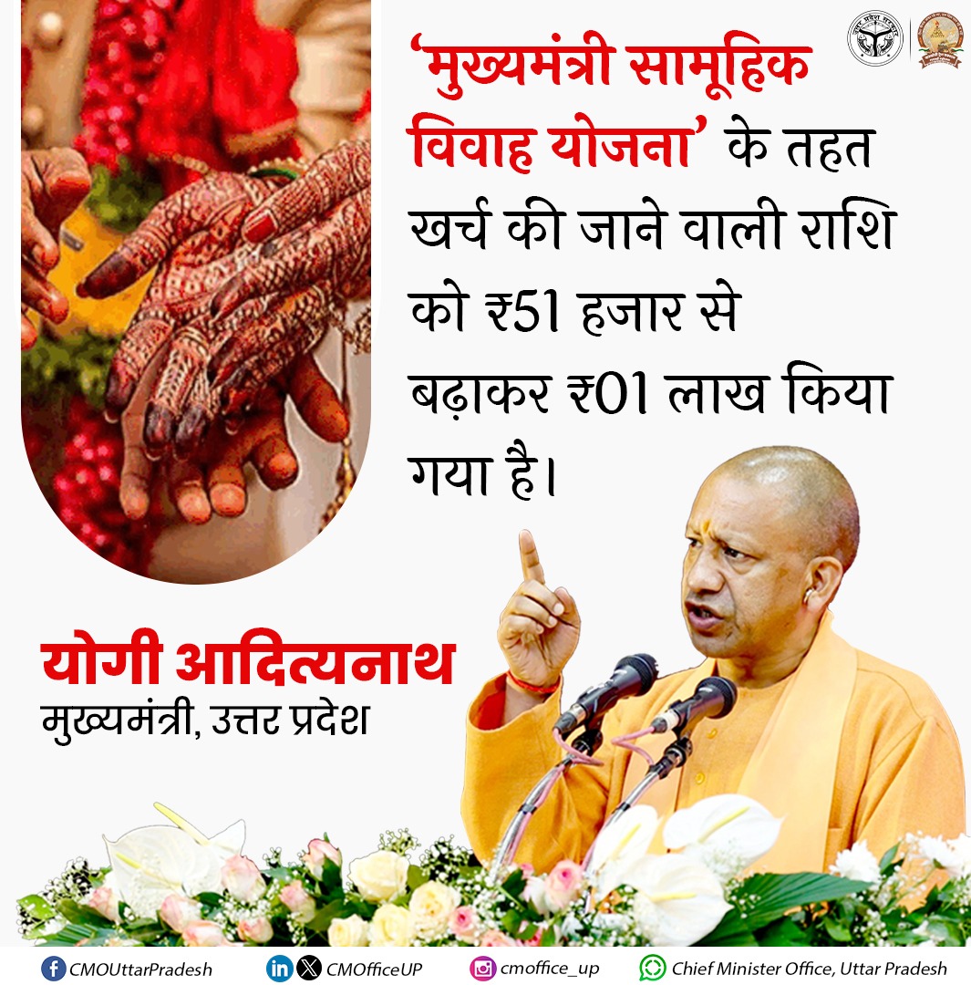 ‘मुख्यमंत्री सामूहिक विवाह योजना’ वर्ष 2017 में लागू की गई थी। उस समय इसके तहत ₹35 हजार की धनराशि की व्यवस्था थी। इस राशि को बढ़ाकर ₹51 हजार किया गया। इसी वर्ष, अप्रैल माह से यह राशि बढ़ाकर एक लाख रुपये कर दी गई है: #UPCM <a href="/myogiadityanath/">Yogi Adityanath</a>

#MissionShaktiUP