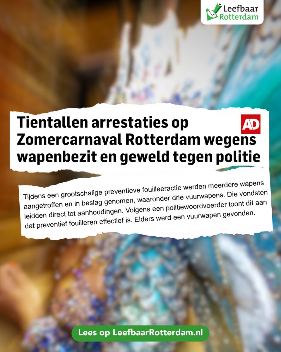 De politie heeft opnieuw goede resultaten geboekt met het inzetten van preventief fouilleren tijdens het Zomercarnaval in het centrum van Rotterdam. Er werden meerdere vuurwapens en messen aangetroffen.

Lees meer ➡️ leefbaarrotterdam.nl/nieuws/vuurwap…
