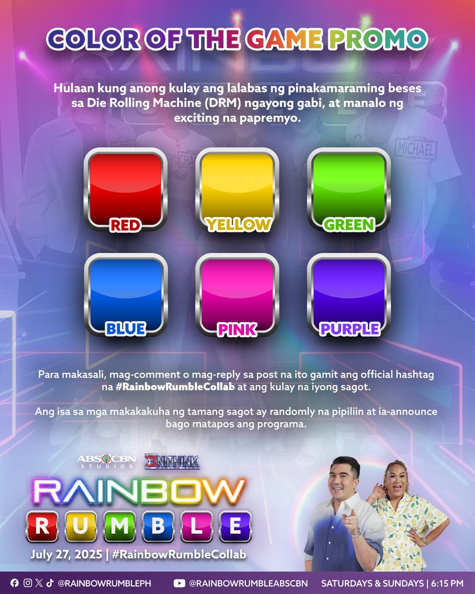 RainbowRumblePH's tweet image. Chance mo na para manalo ng exciting na papremyo sa COLOR OF THE GAME promo! 🌈💪🏻

Hulaan kung anong kulay ang lalabas ng pinakamaraming beses sa DRM ngayong gabi. Para makasali, mag-reply dito gamit ang hashtag na #RainbowRumbleCollab at ang kulay na iyong sagot.