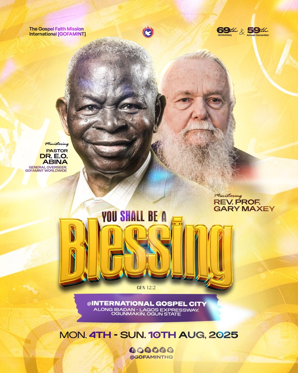 gofaminthq's tweet image. Two Generals. One Divine Assignment.
Get ready for a life transforming experience at the 2025 GOFAMINT Annual Convention as Pastor Dr E O Abina and Rev Prof Gary Maxey minister under the unction of the Holy Spirit.
#GOFAMINT
#YouShallBeABlessing
#AnnualConvention