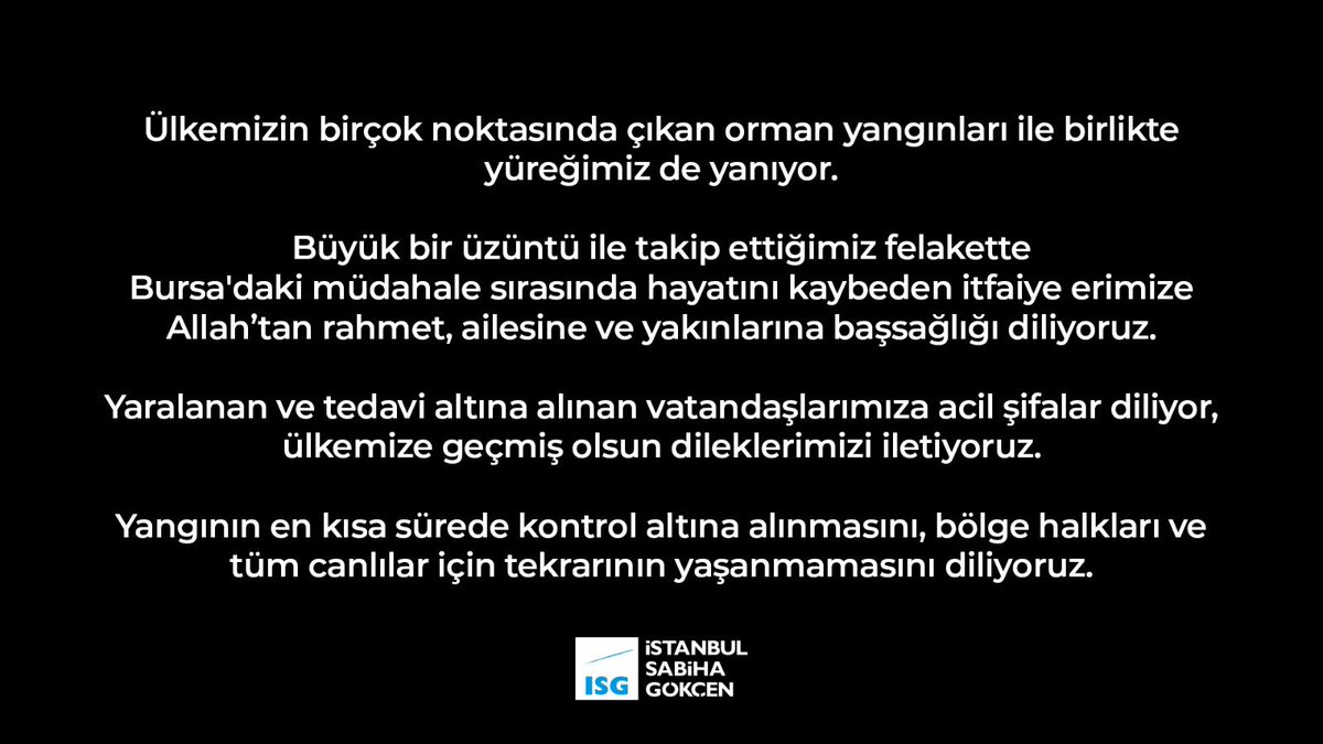 Orman yangınlarıyla mücadelede hayatını kaybeden itfaiye erimize Allah’tan rahmet, yaralı vatandaşlarımıza acil şifalar diliyoruz. Milletçe çok üzgünüz. Geçmiş olsun Türkiye.