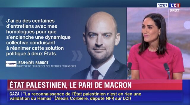 MLettresduSud's tweet image. Le bon réflexe info ce dimanche midi 🕛, c’est de mettre @LCI pour suivre l’actualité et le premier débat mené par l’excellente @jeannebarontv aux manettes du 12/15.
Premier sujet : la reconnaissance de l’état palestinien, pari de Macron.