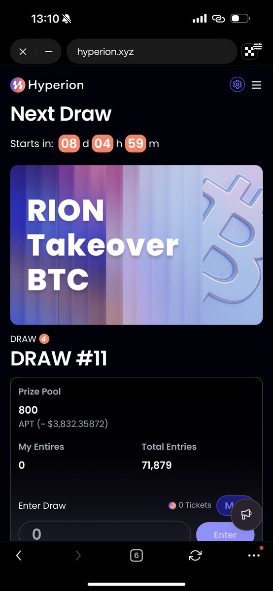 S_M_Danpullo's tweet image. In case you forgot, the $RION takeover $BTC lottery ticket campaign is ongoing on @hyperion_xyz.
Every swap worth $100+ of either $RION or wrapped BTC would give a ticket.
The more you accumulate the more your chances.
Remember, there is 800 APT tokens out forward as rewards…