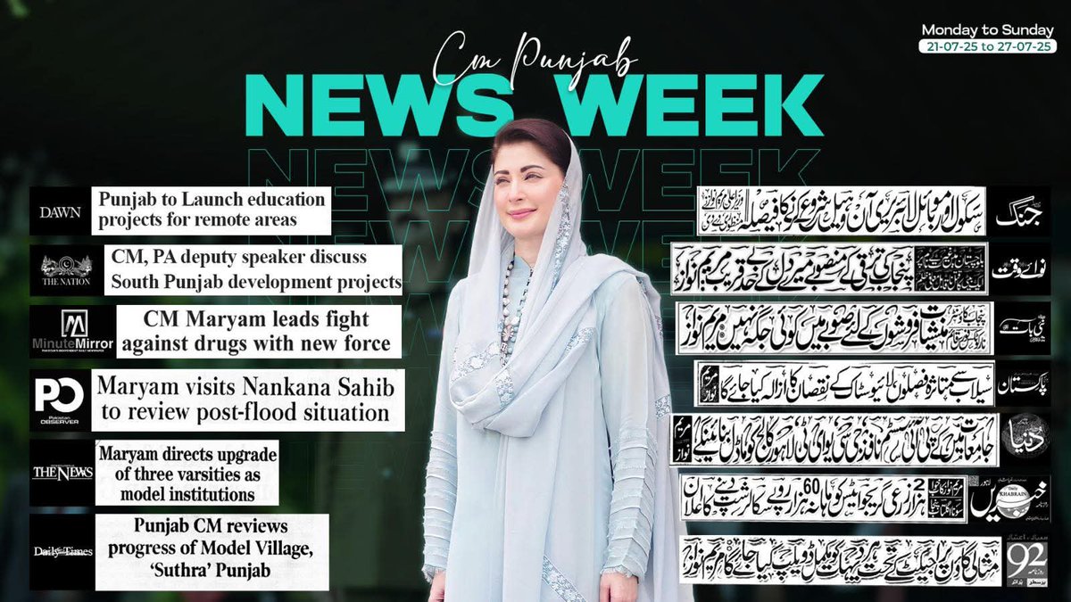 syeddanyal_'s tweet image. CM Punjab News Week!
➡️CM Maryam leads fight against drugs with new force.
➡️Maryam visits Nankana Sahib to review post-flood situation.
