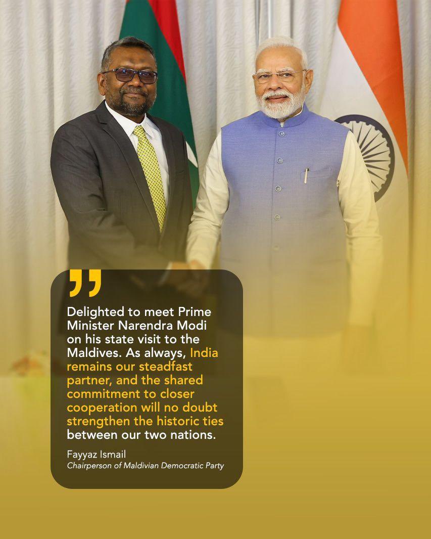 Faya2028's tweet photo. Opposition leader @faya_i meets PM @narendramodi during his state visit, calls India a steadfast partner and reaffirms commitment to strengthening Maldives–India ties. 🇲🇻🤝🇮🇳

#MaldivesIndia #maldivesindiafriendship #maldivesindiarelations https://t.co/oTmsXhWtbo