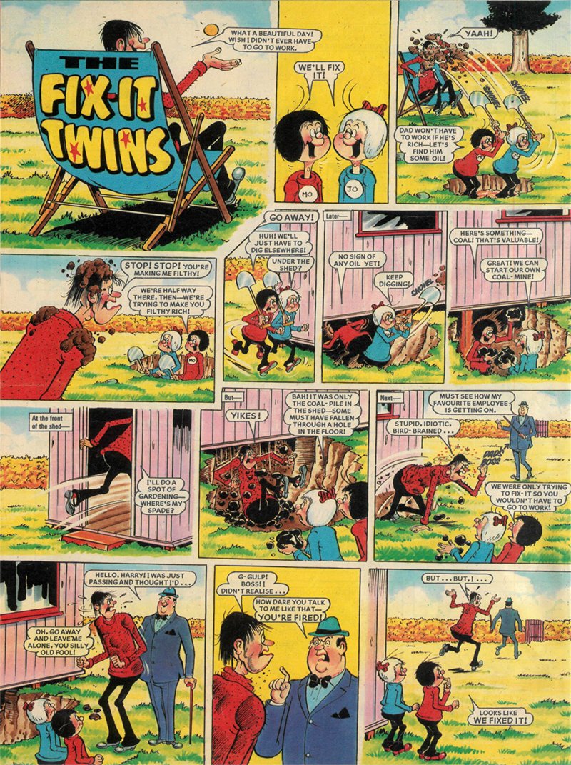 thefcfc's tweet image. The Fix-It Twins, as discussed in the 'Summer Special' episode 22 of The Funny Comics Fan Club - available in all good seaside newsagents and wherever you get your podcasts!
(artist Ron Spencer, copyright DC Thomson)
podbean.com/eas/pb-5ian2-1…