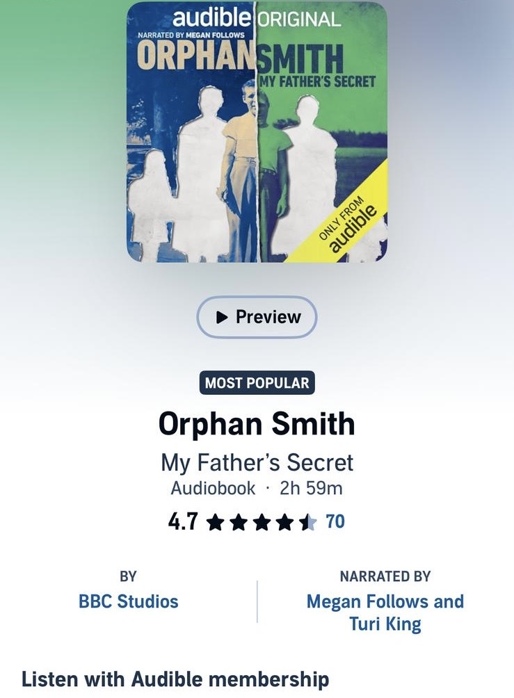 Turi__King's tweet image. Super proud of this! Our @audible_com @bbcstudios
podcast series, Orphan Smith, is in the top ten! We tell the story of the Home Children in Canada through the moving experience of one family. Get your tissues!
You can listen here 🎧 audible.co.uk/pd/Orphan-Smit…