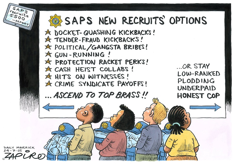 zapiro's tweet image. Zapiro cartoon published on @dailymaverick (24 July 2025) on Role Modelling @SAPoliceService - zapiro.com/250724dm