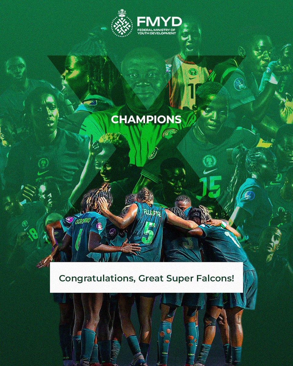 fmydNG's tweet image. FEDERAL MINISTRY OF YOUTH DEVELOPMENT
27th July, 2025
CELEBRATING QUEENS OF THE CONTINENT
I extend my heartfelt congratulations to our indomitable Super Falcons on their exhilarating and hard-fought victory over the Atlas Lionesses of Morocco in Saturday’s Women’s Africa Cup…