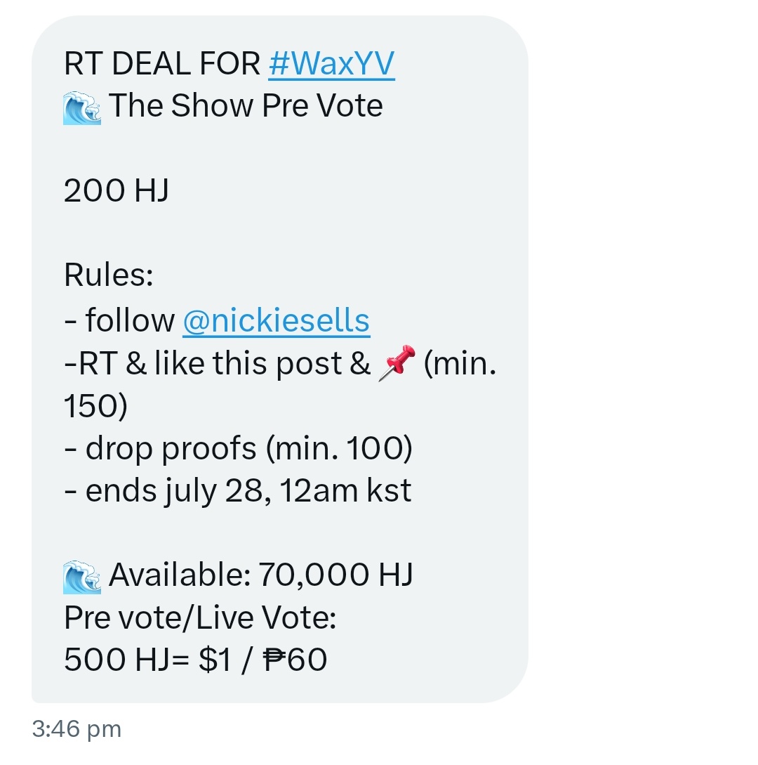 WayV_Airline's tweet image. RT DEAL FOR #WayV
🌊 The Show Pre Vote

200 HJ

Rules:
- follow @nickiesells
-RT &amp;amp; like this post &amp;amp; 📌 (min. 150)
- drop proofs (min. 100)
- ends july 28, 12am kst 

🌊 Available: 70,000 HJ
Pre vote/Live Vote:
500 HJ= $1 / ₱60