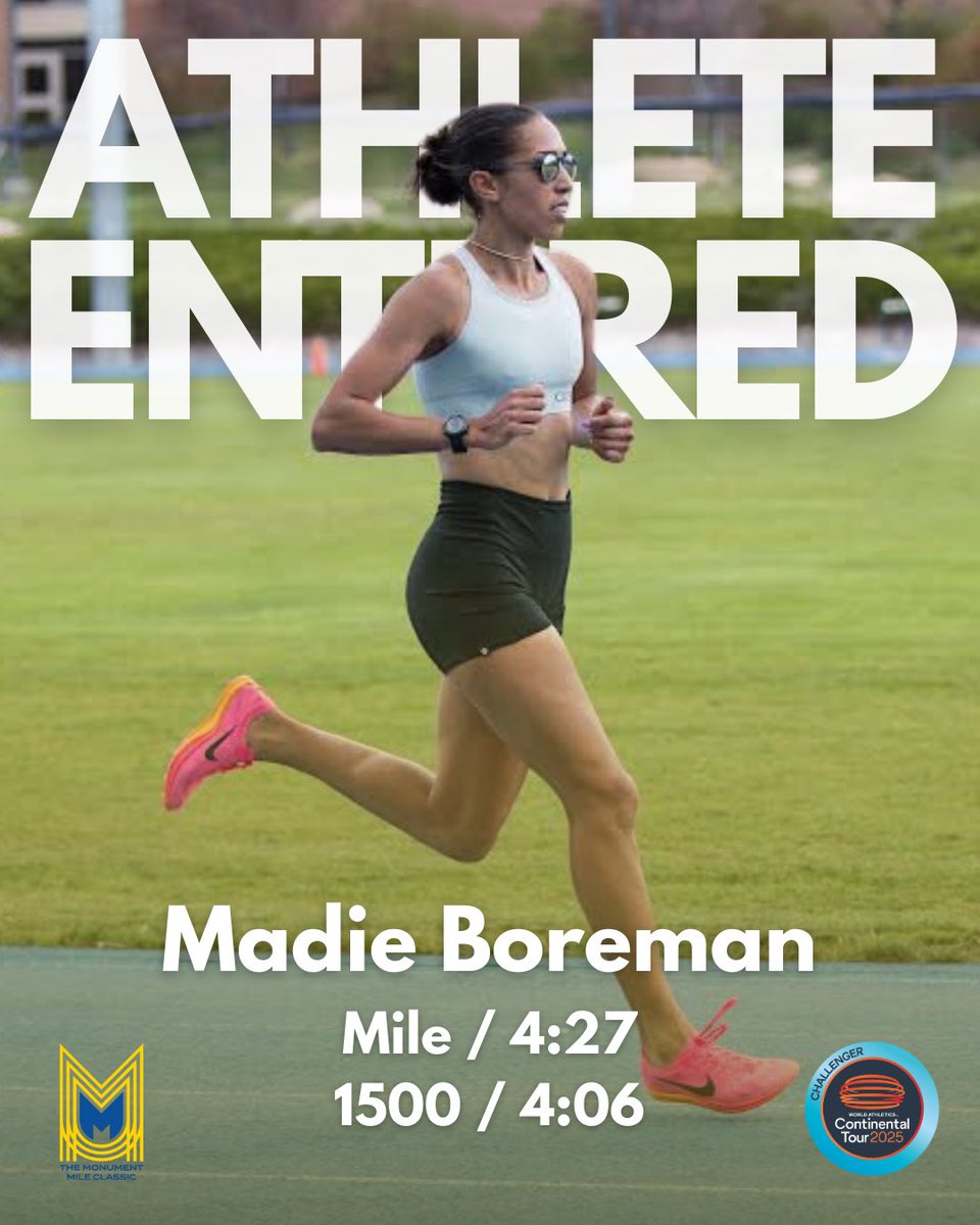 The Home of the Free, and the Land of the Fast 🇺🇸

Introducing Madie Boreman of the USA. 

1 Mile PB - 4:27
1500m PB - 4:06
North American record holder for the women’s 2000m steeplechase.

Welcome to the race Madie 🤝

Bring the Flames 🔥