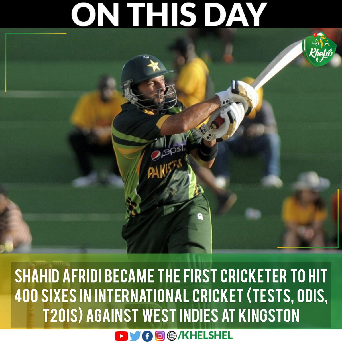 khelshel's tweet image. Shahid Afridi smashed 400th six to Sunil Narine over long on against West Indies in the first T20I at Kingston.
#PAKvWI | #Cricket | #Pakistan | #ShahidAfridi | #WestIndies