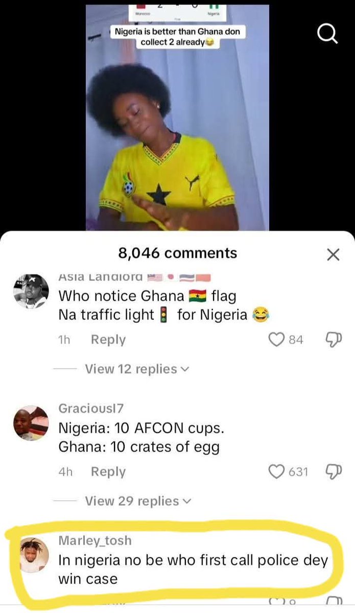 _Thrixian's tweet image. Ghanaian women dem think say dem dey same level with Super Falcons
But dem no know say in Nigeria no be who first call police dey win case 😂😂😂