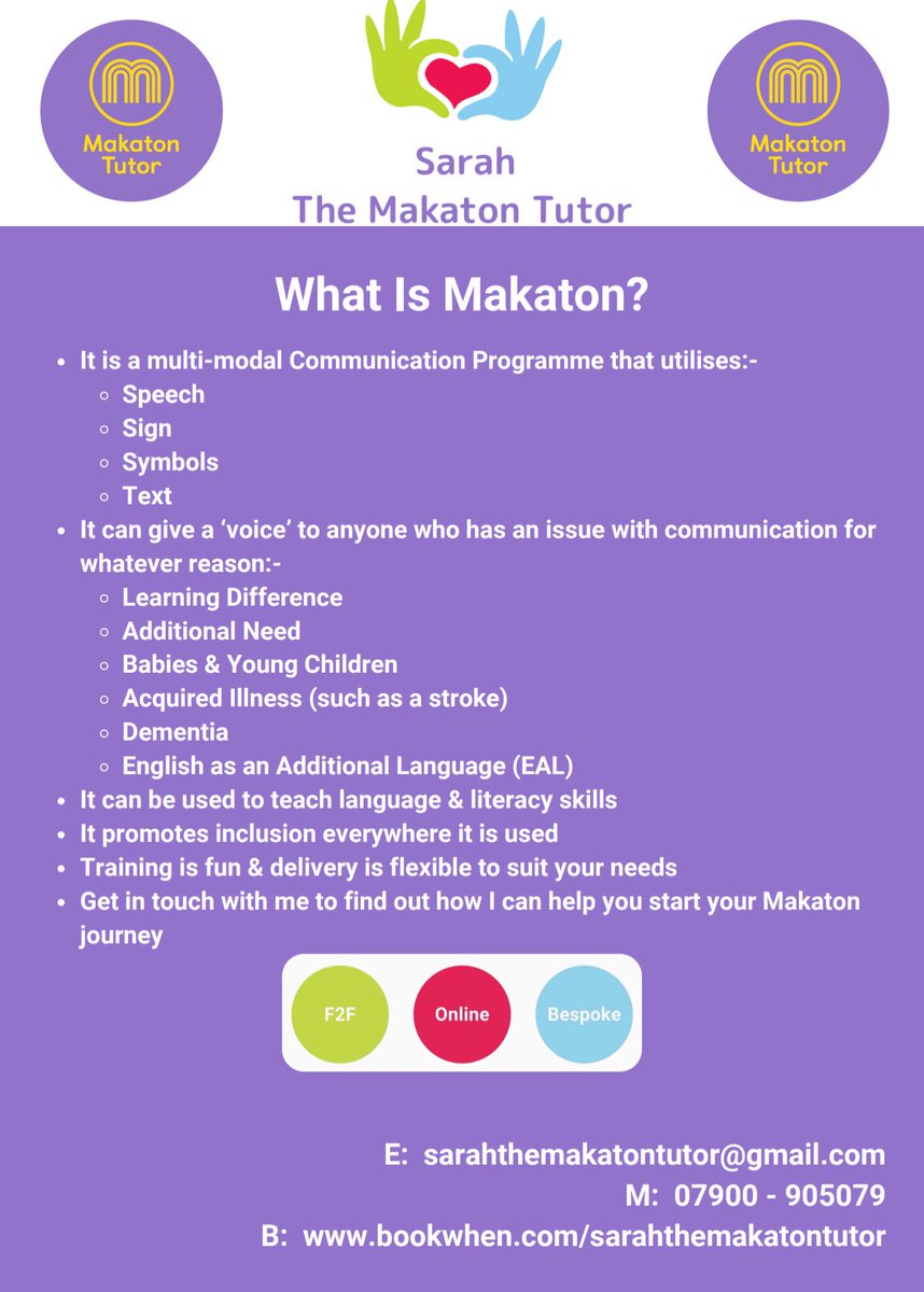 SarahMakaton's tweet image. ⭐️ What Is Makaton? ⭐️
⭐️ Are you curious about what Makaton is & how it can help develop & expand communication, language development & literacy?
⭐️ Do you want to know the broad mixture & ages of individuals that Makaton can empower to communicate?
⭐️ Are you passionate…