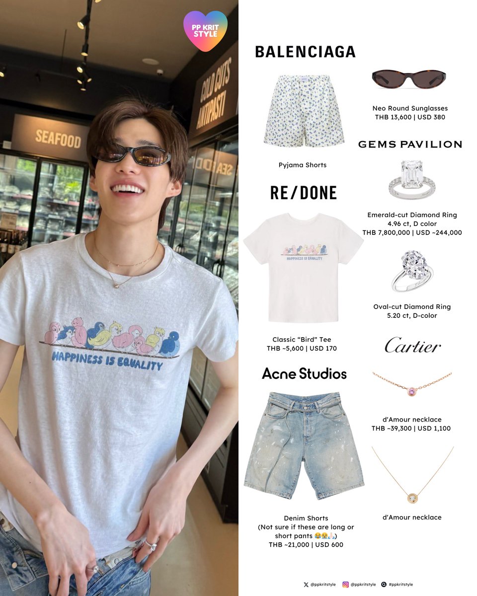 ppkritstyle's tweet image. 〰️ พีพี | PP KRIT STYLE: #BKPPพาพี่พี่ติดเกาะ
#Balenciaga Pyjama Shorts, Neo Round Sunglasses
#REDONE Classic “Bird” Tee
#AcneStudios Denim Shorts
#GemsPavilion Emerald-cut, Oval-cut Diamond ring
#Cartier d'Amour necklace
#ppkritt #ppkritstyle
#พีพีกฤษฏ์ #พีพีใส่แบรนด์อะไร