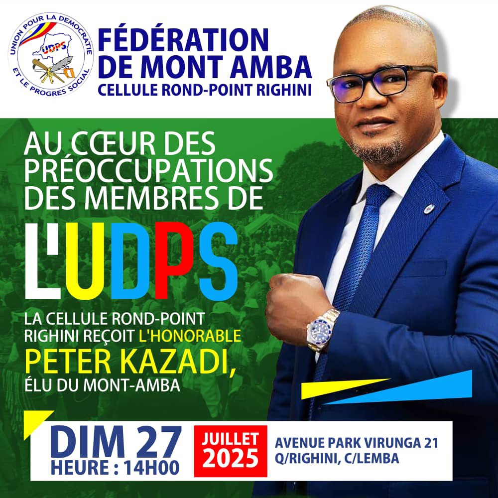 Jean-Paul Mubiayi (@mubiayi015) on Twitter photo UDPS <a href="/udps_tshisekedi/">Union pour la Démocratie et le Progrès Social</a> : Peter Kazadi (<a href="/kazadi_peter/">Peter Kazadi</a>) en meeting ce dimanche à la cellule rond-point Righini sous la direction de #Samuel_Kimbukusu
L'honorable Peter Kazadi Kankonde, Vice-premier Ministre honoraire de l'intérieur et sécurité, et cadre du parti présidentiel, sera UDPS <a href="/udps_tshisekedi/">Union pour la Démocratie et le Progrès Social</a> : Peter Kazadi (<a href="/kazadi_peter/">Peter Kazadi</a>) en meeting ce dimanche à la cellule rond-point Righini sous la direction de #Samuel_Kimbukusu
L'honorable Peter Kazadi Kankonde, Vice-premier Ministre honoraire de l'intérieur et sécurité, et cadre du parti présidentiel, sera