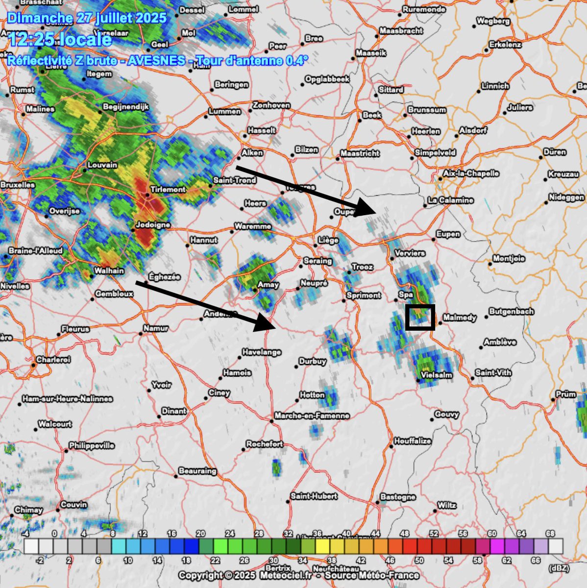 #F1 #BelgianGP 🇧🇪 Weather Update:
These showers and thunderstorms are directly heading towards Spa and should arrive right in time for the start of the race at 15:00 CEST. Heavy rain likely.