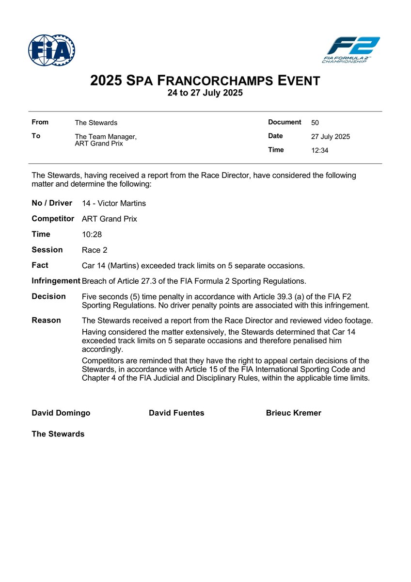 f2docsbot's tweet image. New document: Doc 50 - INFRINGMENT - Car 14 - track limits x 5
Published on 27.07.25 12:35 CET
fia.com/system/files/d…
#F2 #Formula1 #FIA