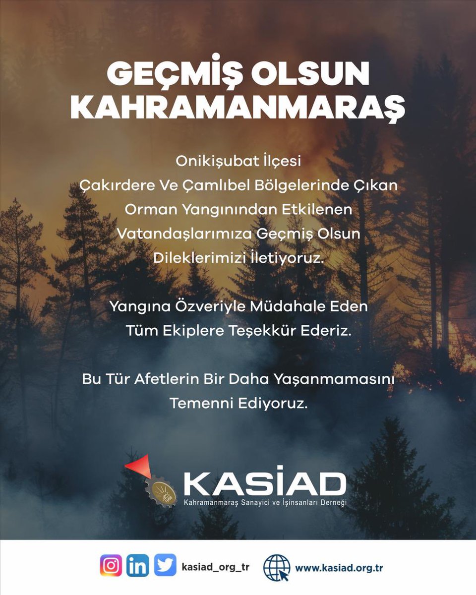 Çakırdere ve Çamlıbel bölgelerinde çıkan orman yangınından etkilenen tüm vatandaşlarımıza geçmiş olsun dileklerimizi iletiyoruz.
Yangına karadan ve havadan canla başla müdahale eden tüm ekiplerimize teşekkür ederiz. 
Bu tür afetlerin bir daha yaşanmamasını temenni ediyoruz.