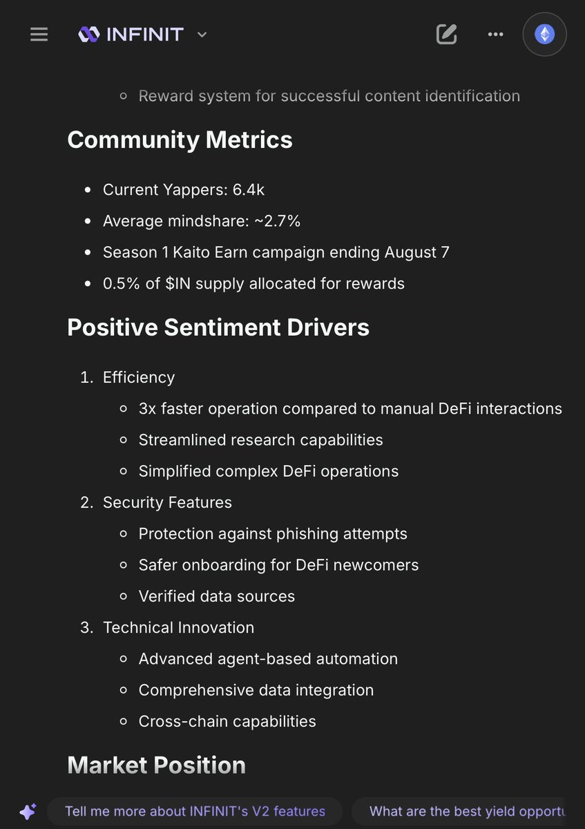caleb_bip's tweet image. Proof of interaction with the @Infinit_Labs app today
Heard it’s an ongoing new challenge for all INFINIT yappers
So I decided to ask the insight agent this and it showed me a whole overview
According to the INFINIT agents the there are currently 6.4K people yapping about…
