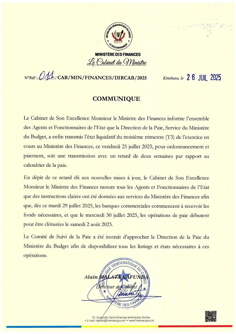 #RDC : PAIE DES FONCTIONNAIRES ET AGENTS DE L'ÉTAT : Les listings sont arrivés au Ministère des Finances le 25 juillet 2025.
La paie débutera le 30 juillet et se terminera le 2 août.

Voici la bonne nouvelle.
<a href="/LikundeR/">Doudou R. FWAMBA LIKUNDE</a> <a href="/BojiAime/">Aimé BOJI SANGARA (MSc, BSc Honours)</a> <a href="/financesrdc/">Ministère des Finances, RDC</a> <a href="/CongoMin/">VPM BUDGET-RDC</a>