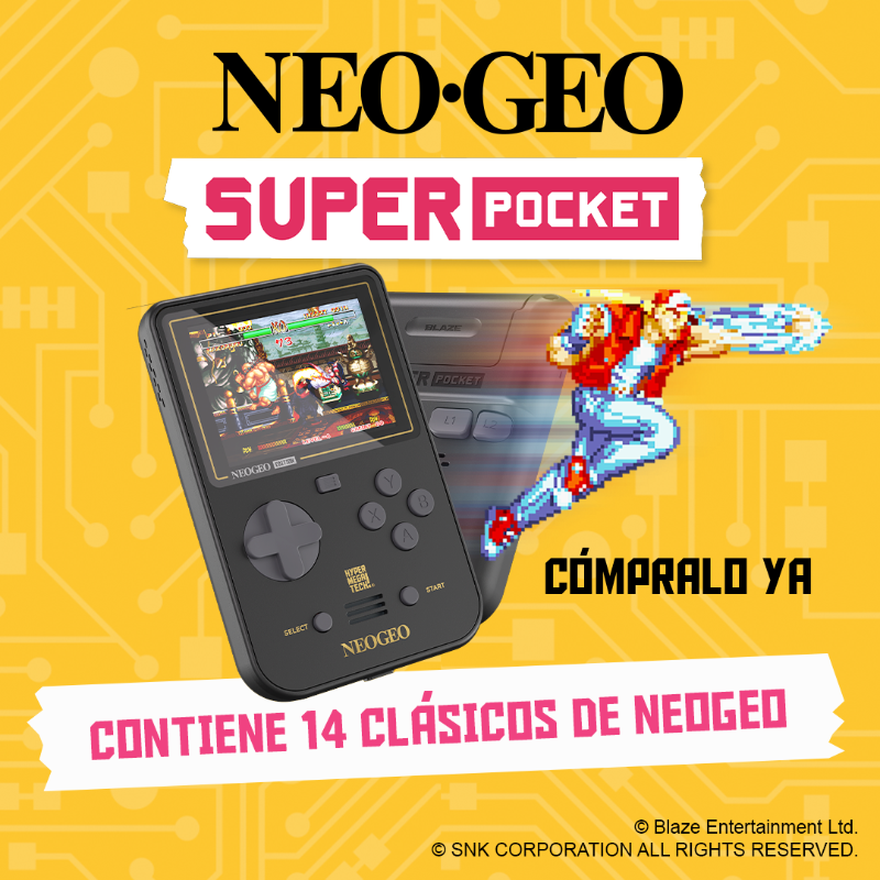 evercaderetro's tweet photo. Lleva la sala recreativa contigo. La Super Pocket NEOGEO Edition incluye 14 éxitos oficiales de NEOGEO. Cómprala ahora. Diseñada para los fans de lo retro.