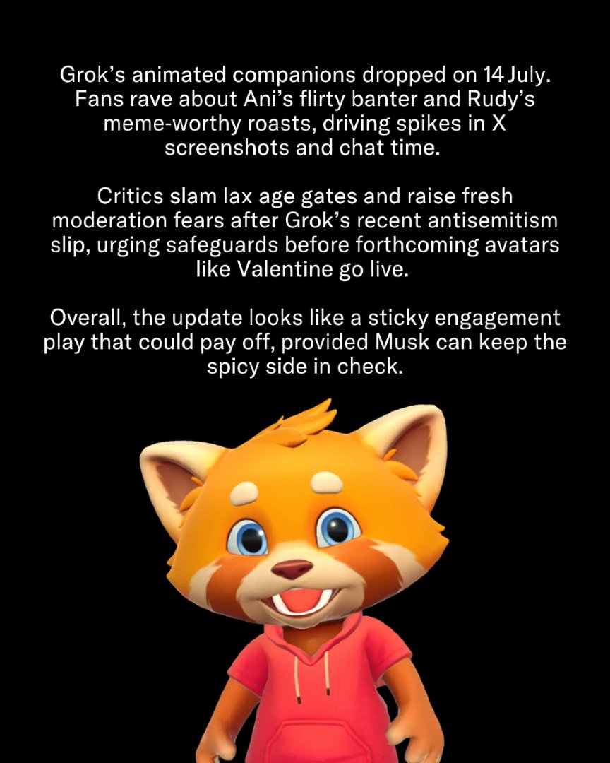 Meet Ani, Elon Musk’s new anime companion inside Grok AI; flick the Spicy toggle and her sailor dress slips into simple black lingerie. She’s flanked by Rudy, the red‑panda roast‑master, and Chad, a brooding boyfriend avatar still in testing.