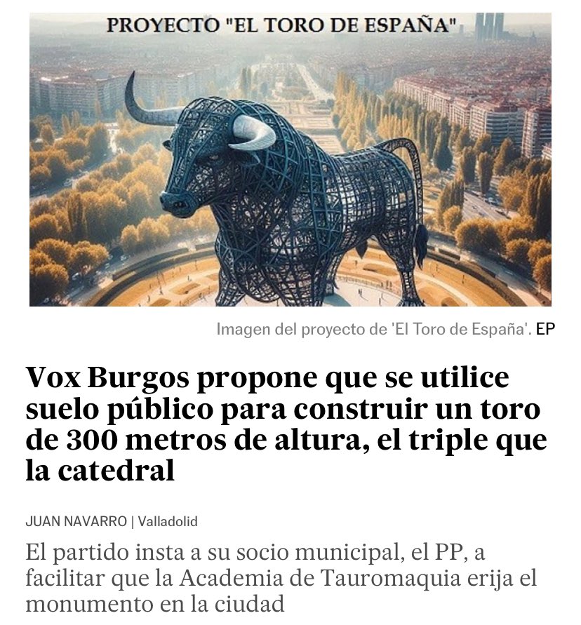 javisanchezglez's tweet image. Una vez más, Vox lo logra: propuesta de un toro gigante en Burgos y el debate político y mediático gira a su alrededor. 
No importa si es serio o no: lo simbólico manda. 

La ultraderecha no necesita gobernar para imponer su agenda. 

Solo ruido, provocación y foco.