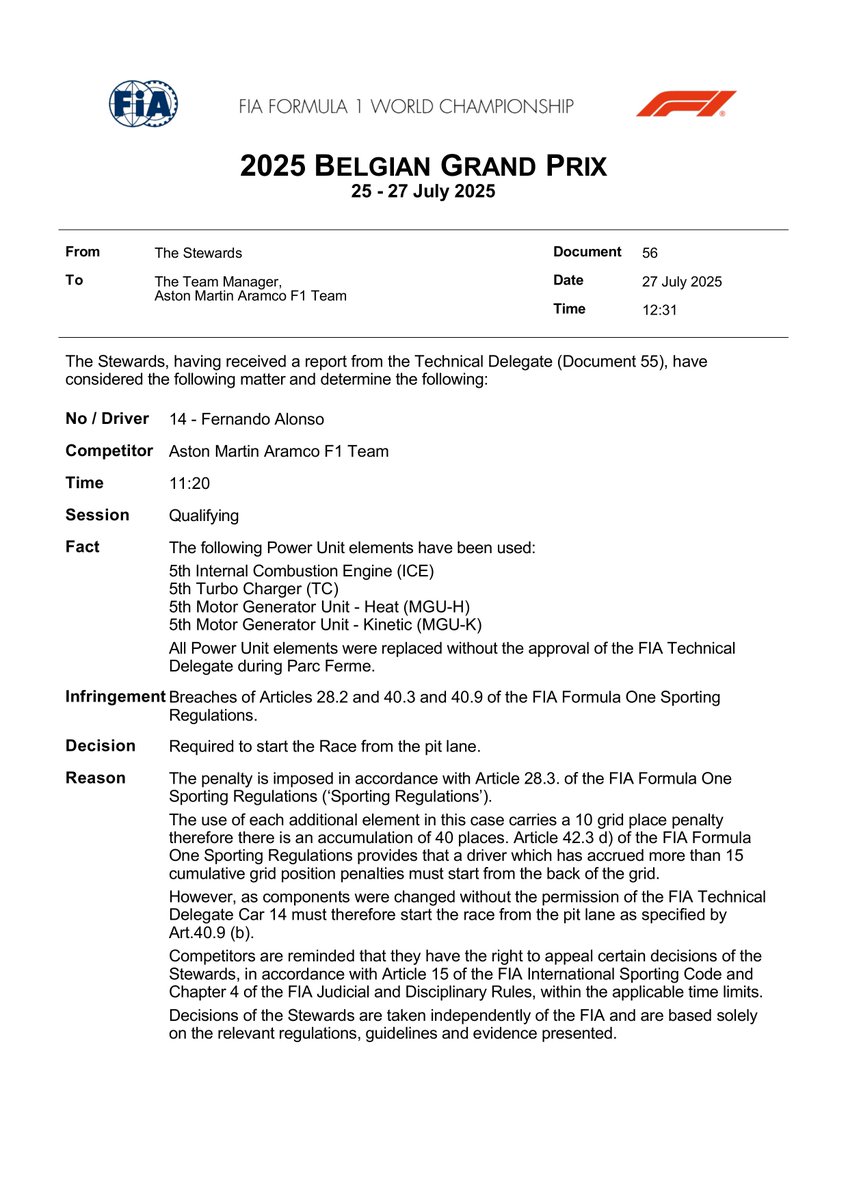 fiadocsbot's tweet image. New document: Doc 56 - Infringement - Car 14 - PU elements
Published on 27.07.25 12:39 CET
fia.com/system/files/d…
#F1 #Formula1 #FIA #BelgianGP 🇧🇪