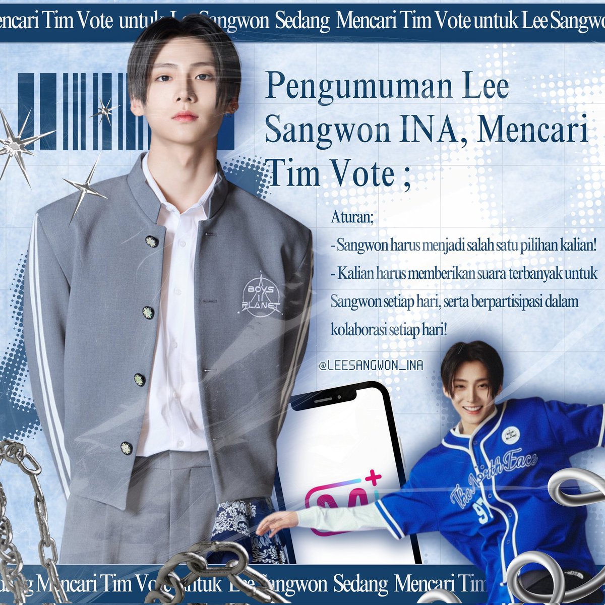 LEESANGWON_INA's tweet image. 📢 SANGWON TEAM INA OPENS GDM 📢
Voting Round 2 sudah akan di mulai, kami @LEESANGWON_INA open group dm untuk memperluas dukungan kepada Sangwon. Pastikan Sangwon menjadi pilihan utama anda. Harap bersedia untuk bekerja sama bersama tim Voting untuk mewujudkan impian Sangwon!…