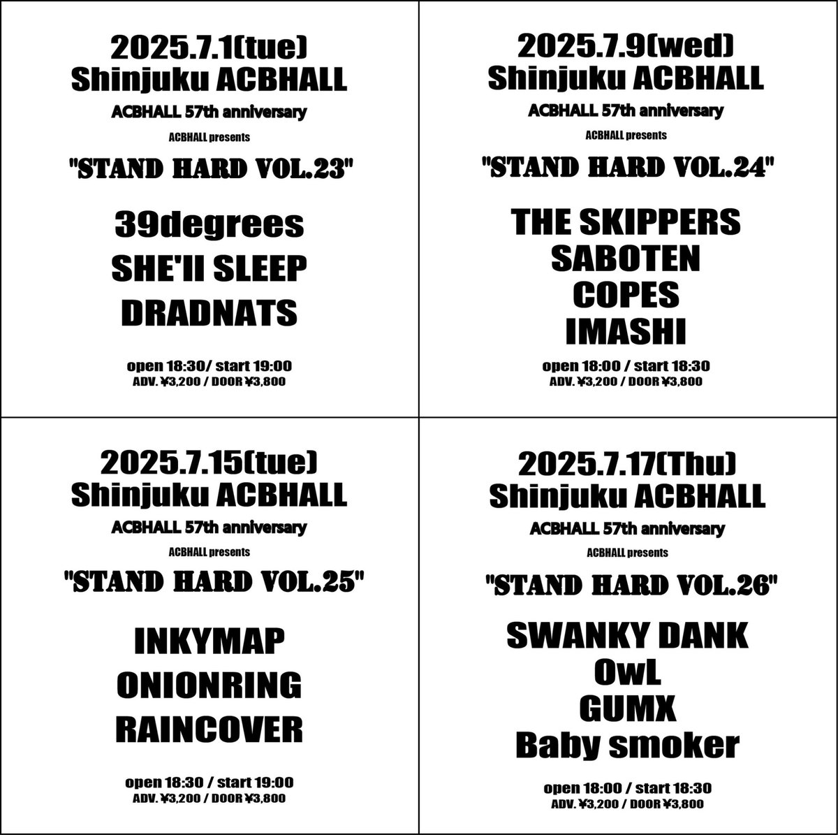 UNFAIR_RULE's tweet image. チケット販売中!
2025年7月30日(水)
ACBHALL 57th anniversary
「STAND HARD vol.28」
📍 新宿ACBHALL
w/
Left
May Forth
OPEN 18:30 / START 19:00
ADV 3200円 / DOOR 3800円
チケットはこちら👇🏻
acb-hall.jp/schedule.php?y…