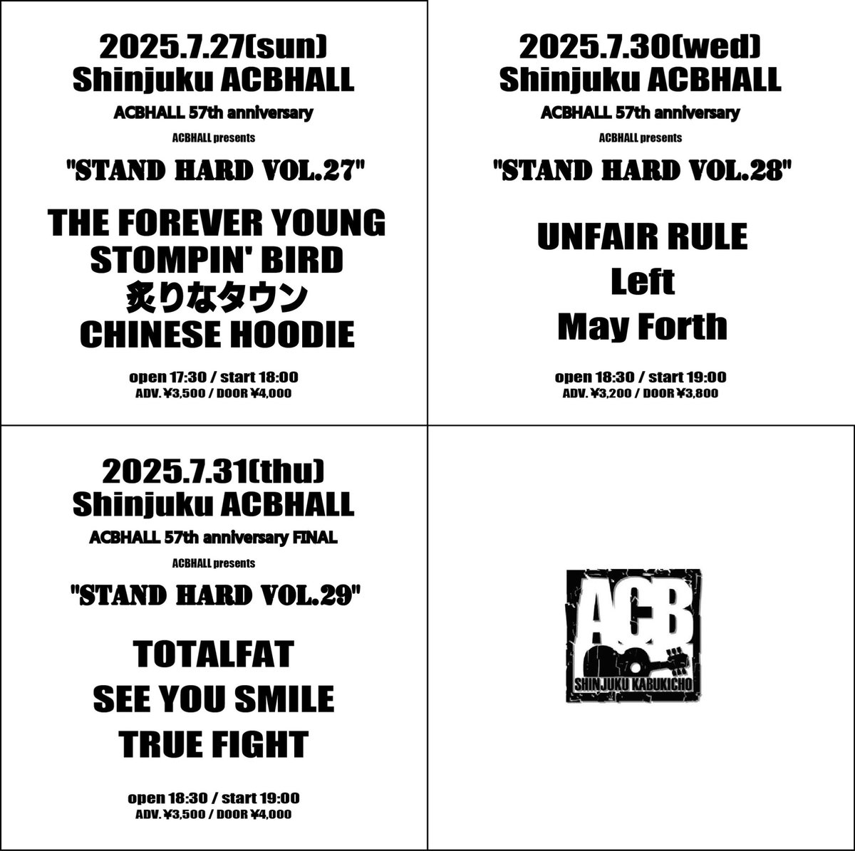 UNFAIR_RULE's tweet image. チケット販売中!
2025年7月30日(水)
ACBHALL 57th anniversary
「STAND HARD vol.28」
📍 新宿ACBHALL
w/
Left
May Forth
OPEN 18:30 / START 19:00
ADV 3200円 / DOOR 3800円
チケットはこちら👇🏻
acb-hall.jp/schedule.php?y…