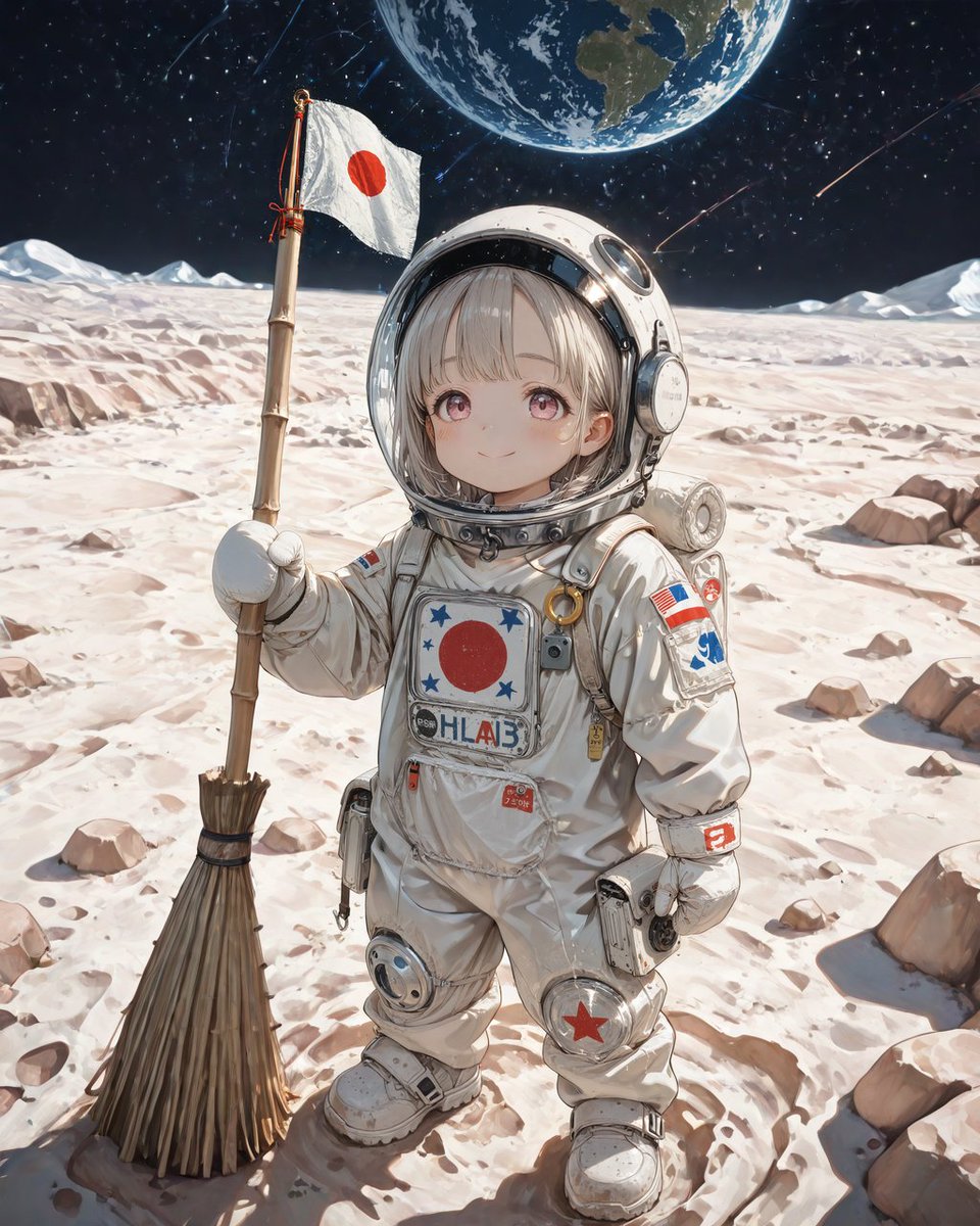 NUEnoSORA's tweet image. もしかして つき？ つき なの？
まんめん の えみ で たってるけど
そうそう いける ばしょ じゃ ないから すごいよ
げつようび は せいあつ した って かんじ つき だけに
おなかすいてない？ はやく かえって おいで
宇宙服 魔法のほうき 日本の国旗
#AIイラスト #AIart #AIillustration
