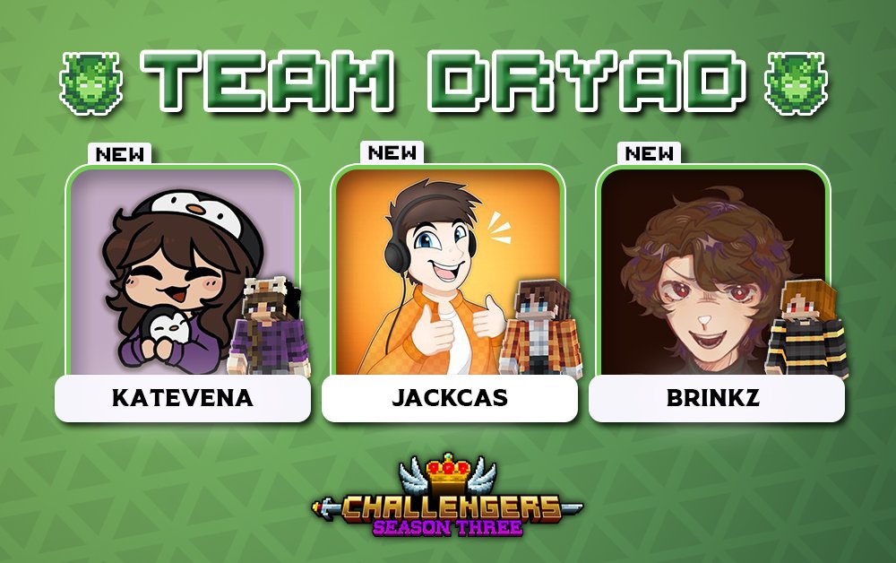 Challengers_SMP's tweet image. We grow where others fall! Welcome in, Team Dryad! 🌿

🔴 With @katevenaLIVE, @JackCas_ &amp;amp; @Brinkzlol!

Catch them starting this August 1st for a whole month on Challengers Season 3! 👑
