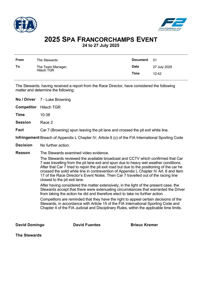 f2docsbot's tweet image. New document: Doc 51 - DECISION - Car 7 - allegedly crossed pit exit white line
Published on 27.07.25 12:43 CET
fia.com/system/files/d…
#F2 #Formula1 #FIA