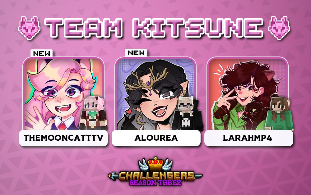 Challengers_SMP's tweet image. Trick, shift, vanish! Welcome in, Team Kitsune! 🦊

🔴 With @TheMoonCatTV, @Aloureaa &amp;amp; @Larahmp4!

Catch them starting this August 1st for a whole month on Challengers Season 3! 👑