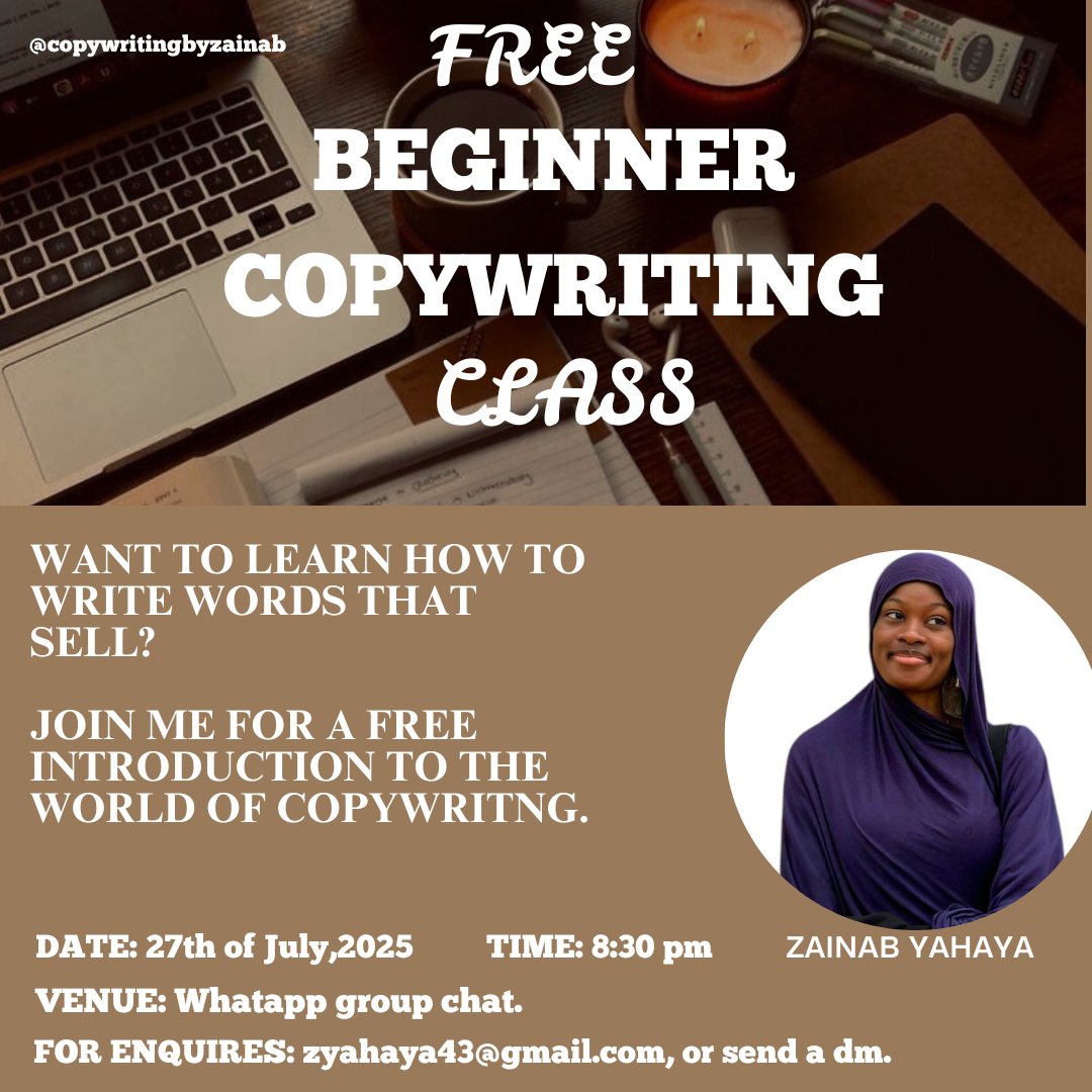 zeeycontents's tweet image. My free beginner copywriting class is Today. You can still join by clicking on this link👇
chat.whatsapp.com/BWO92UjXPQBF9b…
