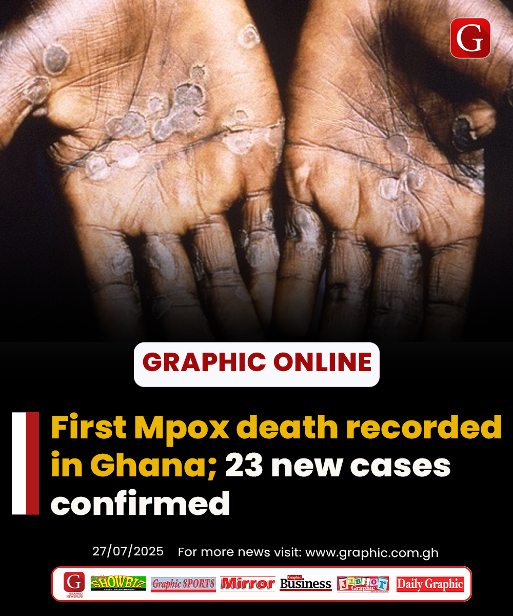 Graphicgh's tweet image. First Mpox death recorded in Ghana; 23 new cases confirmed
#Dailygraphic #GhanaNews #GraphicOnline
