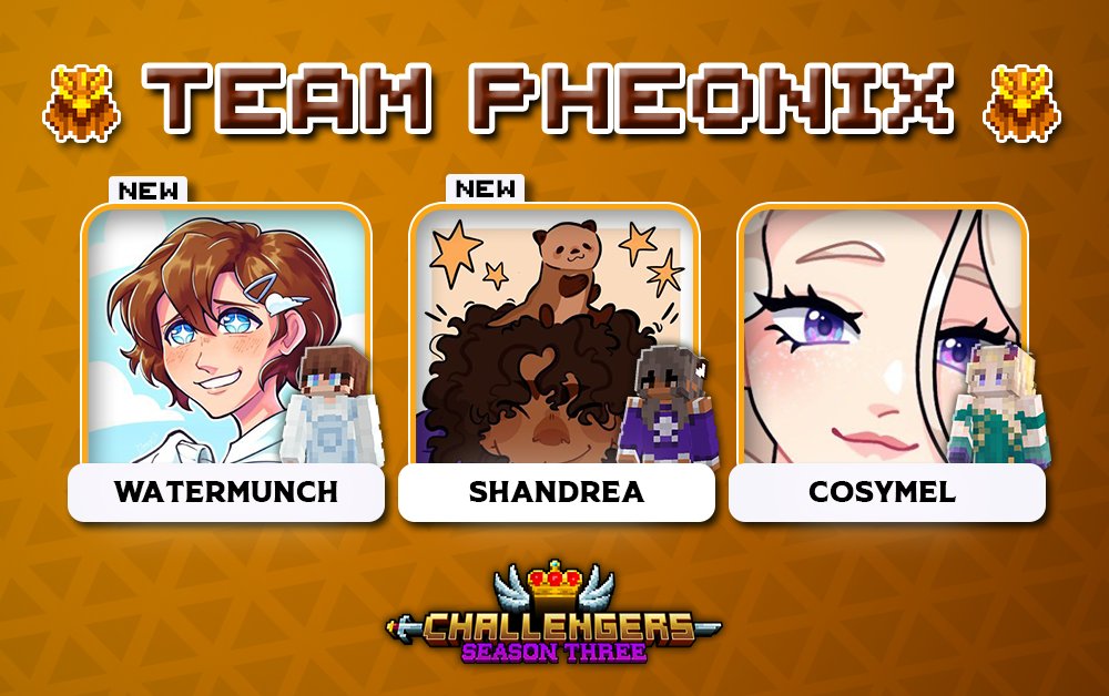 Challengers_SMP's tweet image. We burn, we rise, and repeat! Welcome in, Team Pheonix! 🐦

🔴 With @watermunchh, @shandreaLIVE &amp;amp; @CosyMel_!

Catch them starting this August 1st for a whole month on Challengers Season 3! 👑