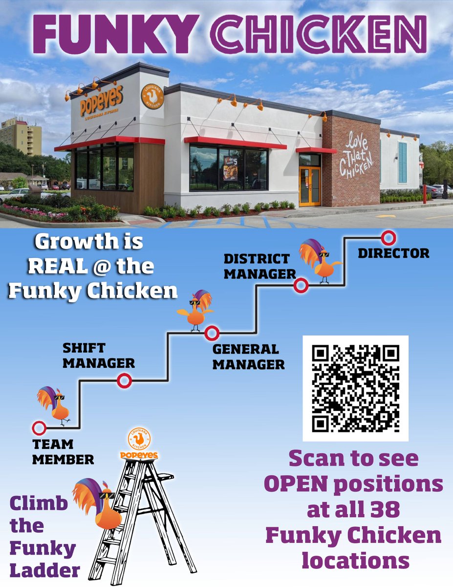 FunkyChickenATL's tweet image. 📢 Climb that Funky Ladder 📈
We’re cookin’ up something special at Popeyes in the Metro Atlanta area and YOU could be the secret ingredient. Grow with us!
🎯 Apply now: workstream.us/j/74bf9108/pop…
#AtlantaGA #NowHiringGA #PopeyesCrew