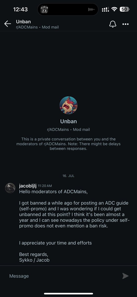 Sykko_xo's tweet image. Almost a year ago, I got banned from r/ADCMains for posting my ADC guide—no warning, and no actual rule broken AFAIK. I’ve tried appealing, but got ghosted.
It’s their sub, they can do what they want. But going beyond their own rules and then ghosting someone who could genuinely…