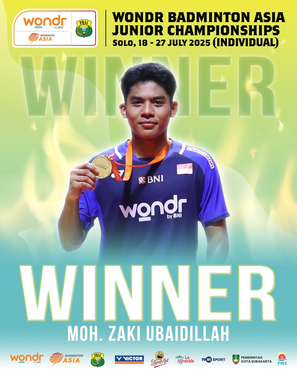 INABadminton's tweet image. Moh. Zaki Ubaidillah sukses meraih gelar juara tunggal putra WONDR Badminton Asia Junior Championship 2025.

Gelar juara tunggal putra akhirnya kembali diraih setelah penantian selama 24 tahun. Gelar juara terakhir diraih oleh Ardiansyah di tahun 2001.

Selamat Ubed!…
